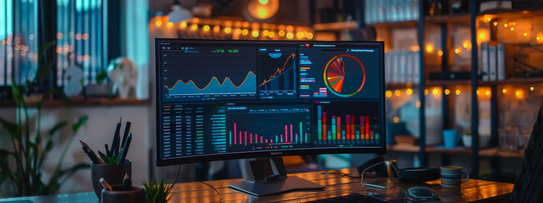 a dynamic workspace embodies the essence of digital marketing, showcasing a sleek computer screen filled with colorful seo analytics, surrounded by vibrant charts and graphs illustrating a successful campaign boost.