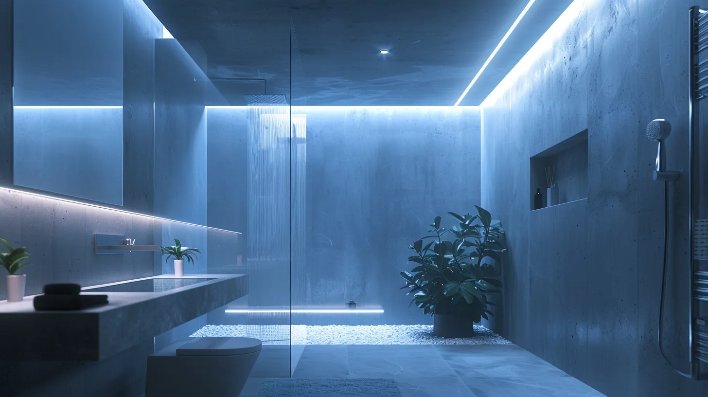a sleek, modern bathroom featuring a sophisticated ac vent system, illuminated by soft, ambient lighting that highlights the importance of effective ventilation for humidity control and indoor air quality.
