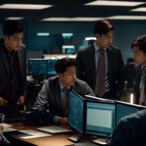 a cybersecurity team huddled around a computer discussing strategies.
