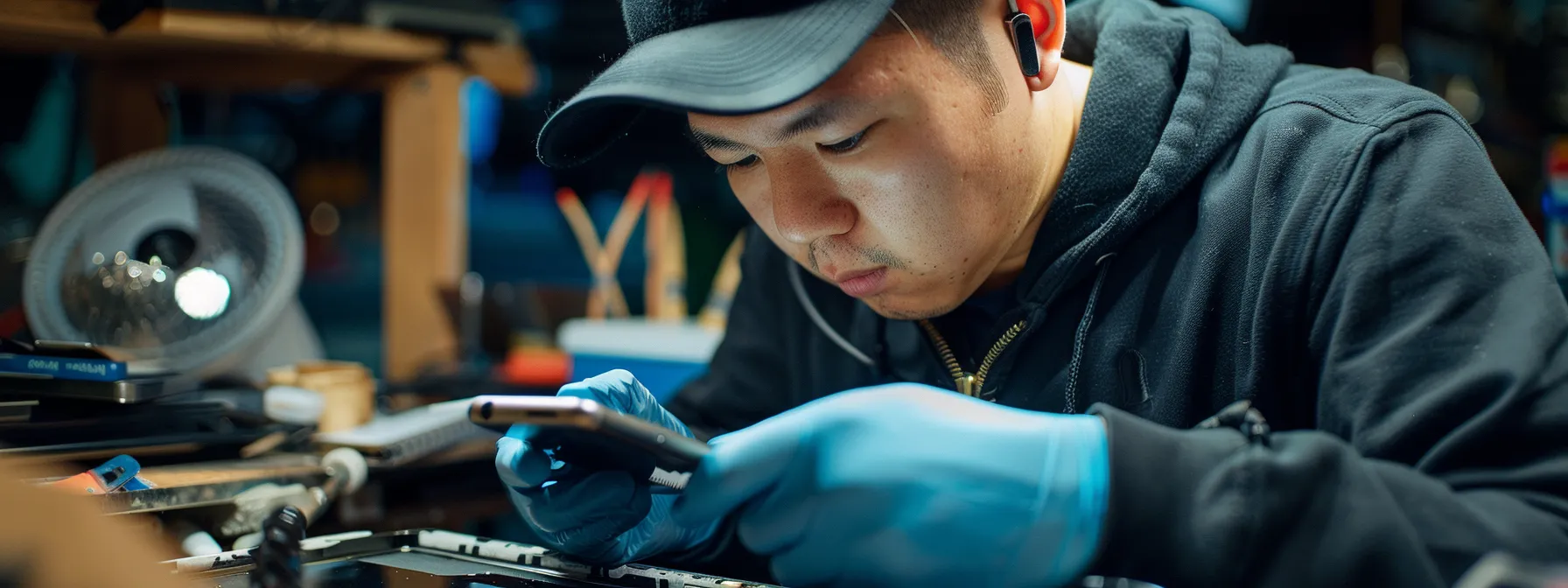 a technician examining the screen and battery of an iphone 12 at a repair shop in mayfield.