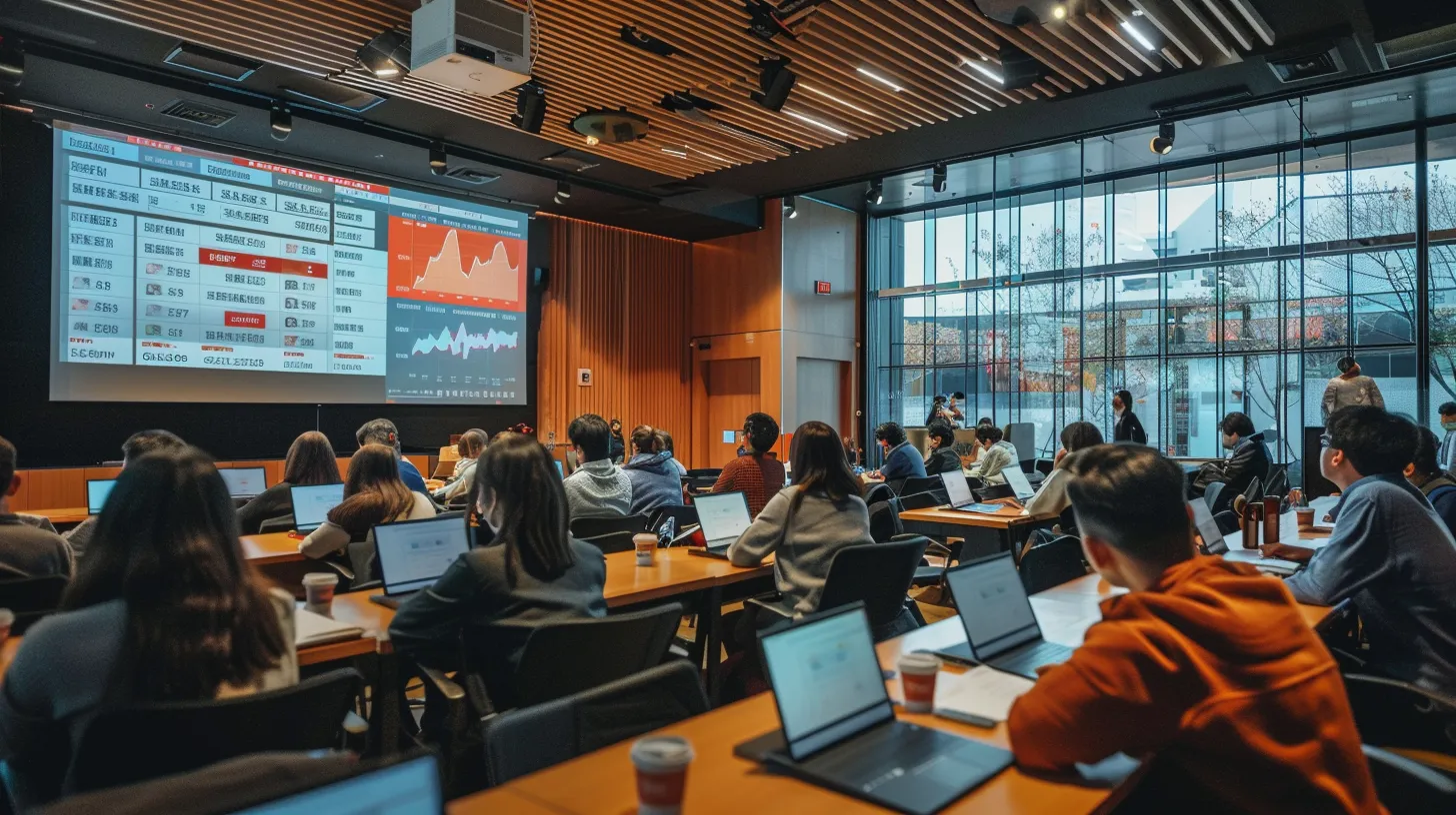 a dynamic classroom setting filled with engaged investors participating in a lively workshop, surrounded by charts and market data displays, under warm, inviting lighting that fosters a sense of collaborative learning and growth. a dynamic classroom setting filled with engaged investors participating in a lively workshop, surrounded by charts and market data displays, under warm, inviting lighting that fosters a sense of collaborative learning and growth.