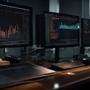 a computer screen displaying complex algorithms and data charts to analyze and detect phishing activities.
