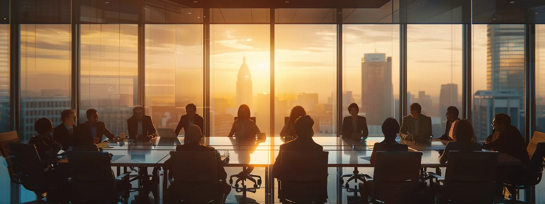 a group of professionals in a conference room discussing legal and regulatory compliance.