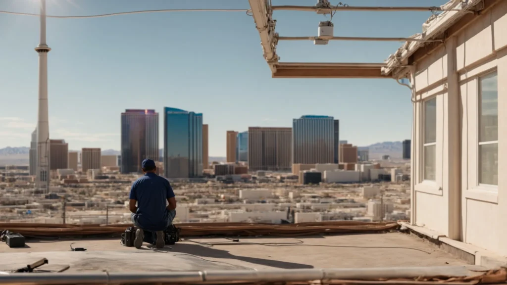 a skilled technician expertly assesses a weathered rooftop under the bright las vegas sun, showcasing the city’s vibrant skyline in the background with clear blue skies overhead.