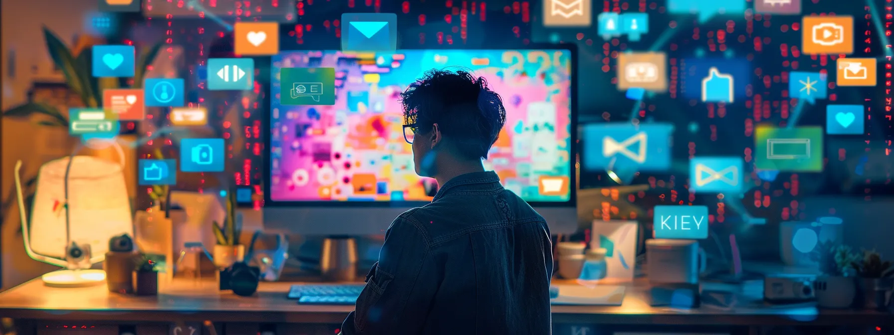 a content creator standing in front of a computer, surrounded by colorful social media icons and charts showing increased visibility and engagement.