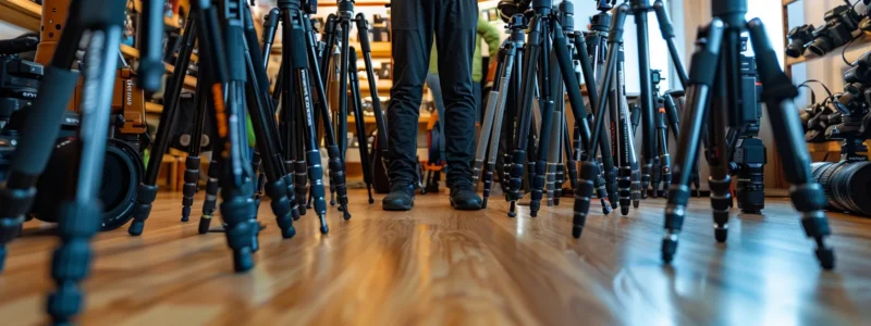 a person comparing different tripods in a photography store.