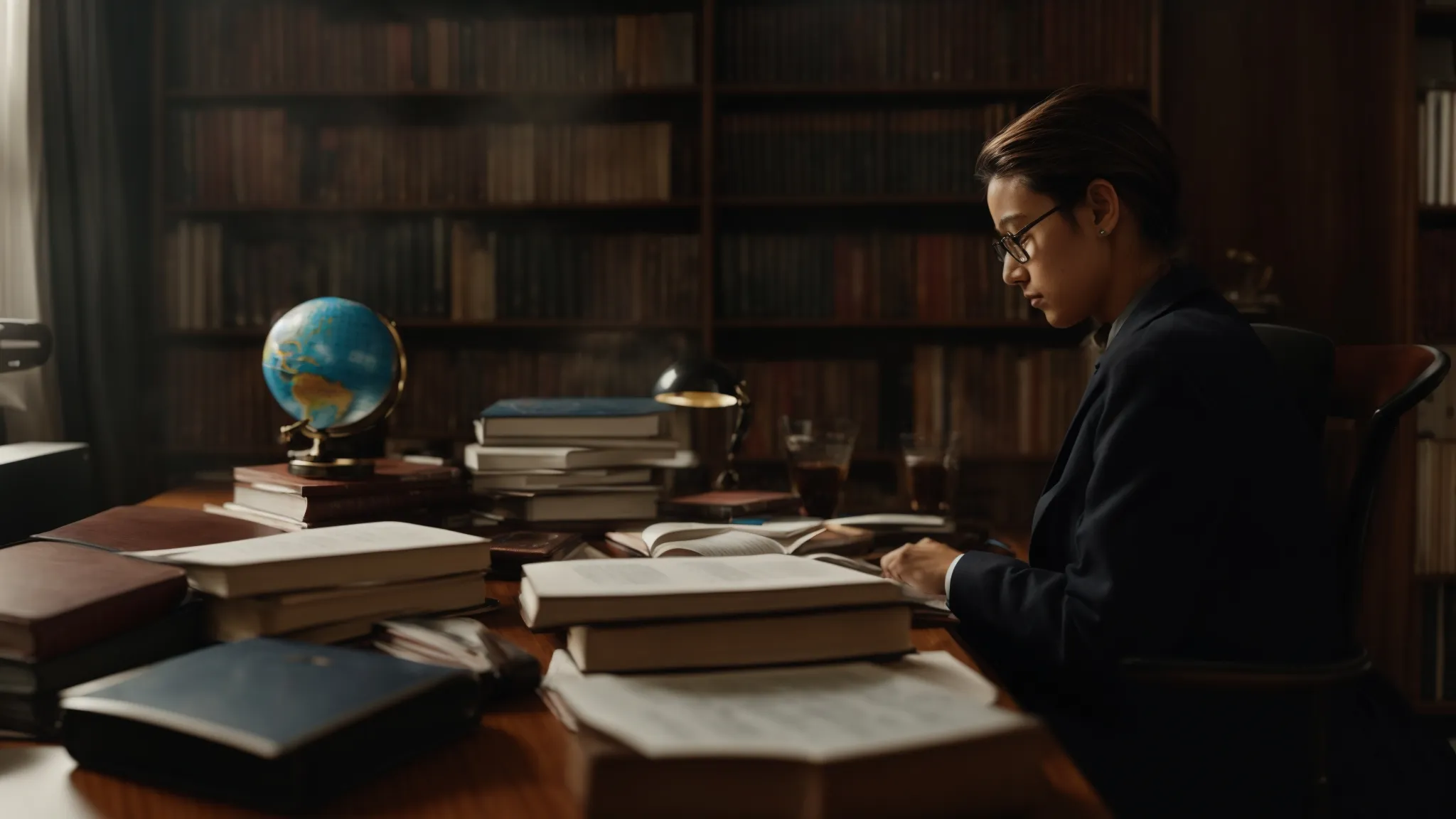 a person sitting at a desk with a laptop, surrounded by books and a globe, engaged in research.