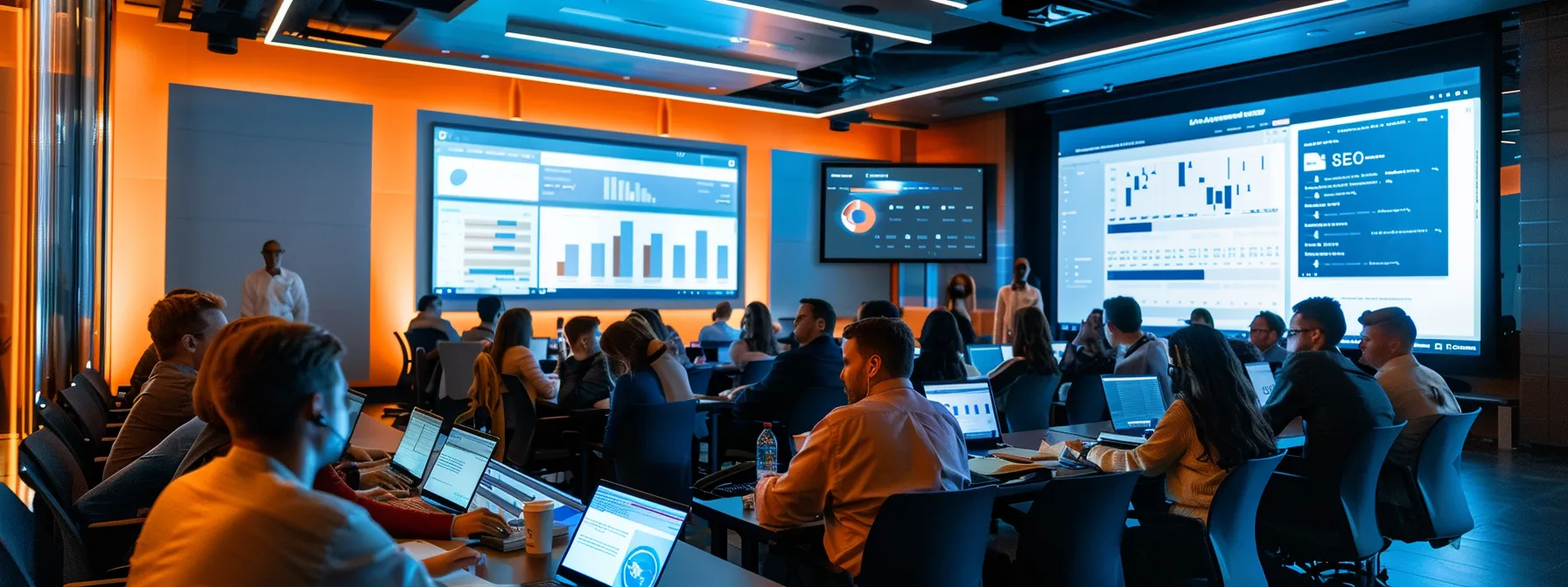 a sleek, modern conference room with a large screen displaying a dynamic software demo of the searchatlas seo platform, illuminated by soft overhead lighting that highlights the engaged expressions of participants eagerly analyzing its innovative features.