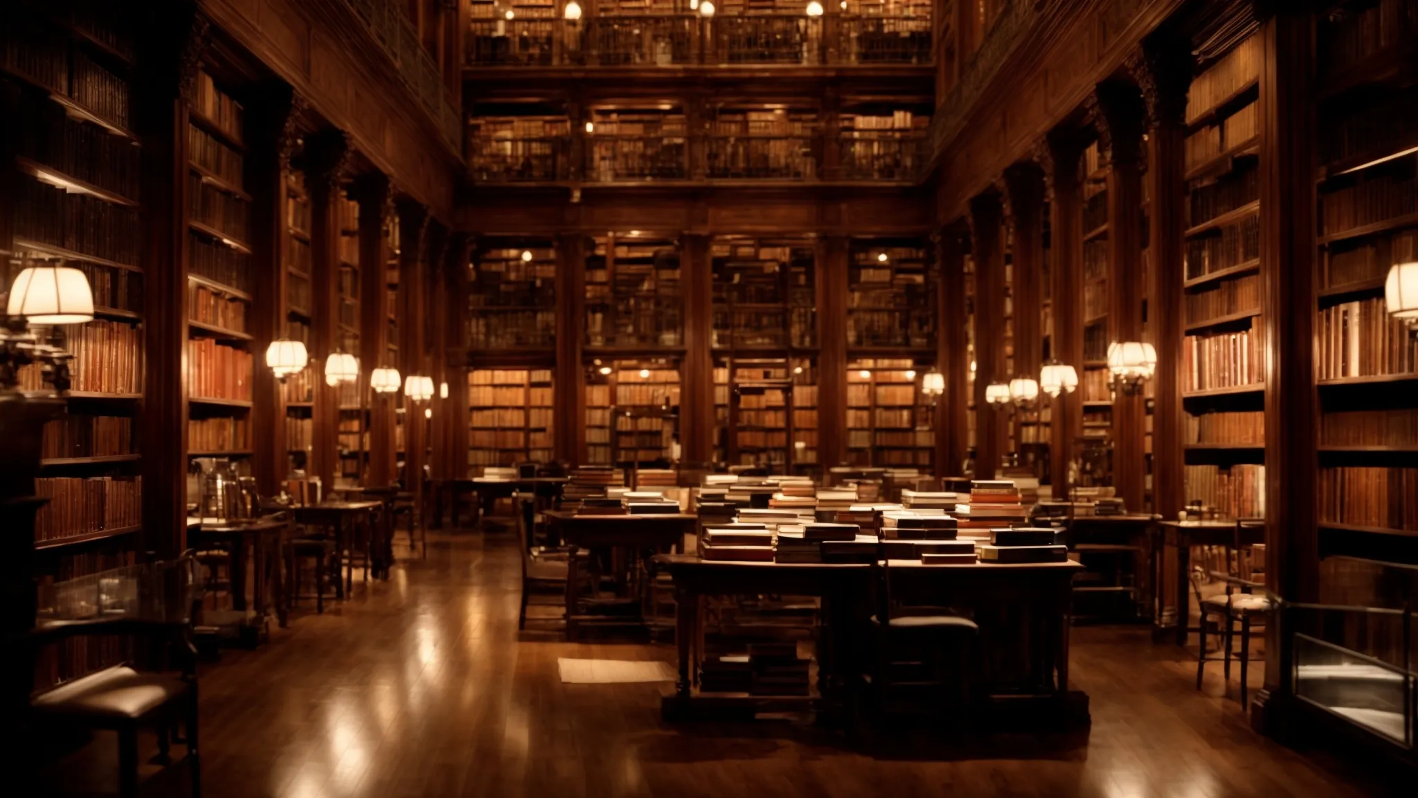 a vast, organized library with shelves filled with various books and manuscripts under soft, ambient lighting.