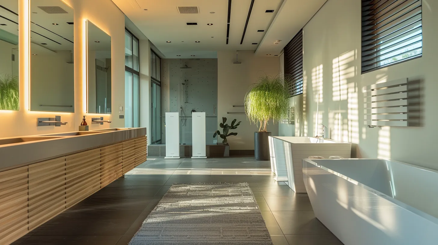 a sleek, modern bathroom showcases various types of ac vents&mdash;wall-mounted, ceiling-mounted, and floor vents&mdash;all seamlessly integrated into the design, highlighting their essential roles in maintaining optimal airflow and humidity control in a fresh, inviting atmosphere.