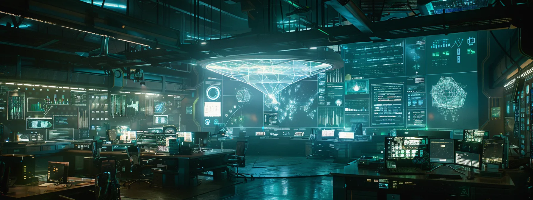 a dynamic, futuristic workspace showcases a glowing digital interface displaying sophisticated seo analytics, illuminated by soft blue and green lights, embodying the transformative power of machine learning in website optimization.