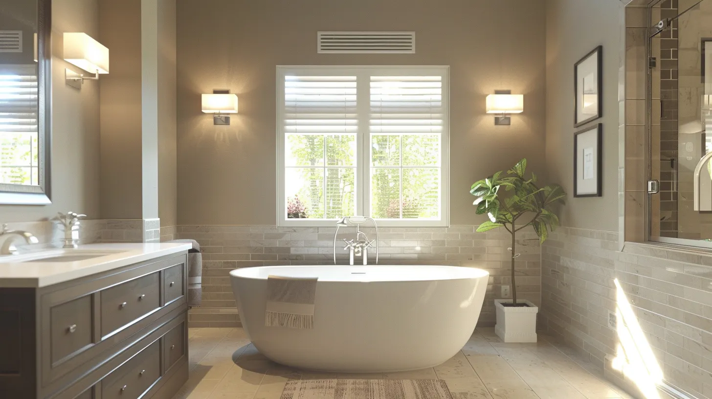 a visually striking bathroom showcases sleek, modern ac vents seamlessly integrated into the elegant wall design, emphasizing optimal airflow and moisture control amid a serene and inviting ambiance.