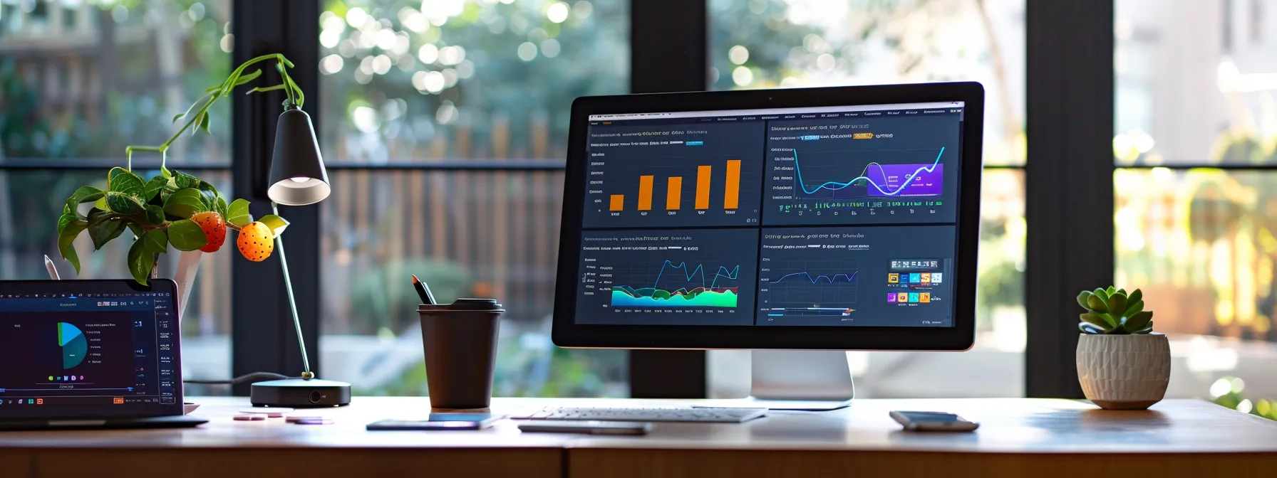 a sleek, modern office workspace showcases a vibrant, detailed dashboard of an advanced seo platform, illuminated by soft, natural light filtering through large windows, emphasizing a sense of innovation and efficiency.