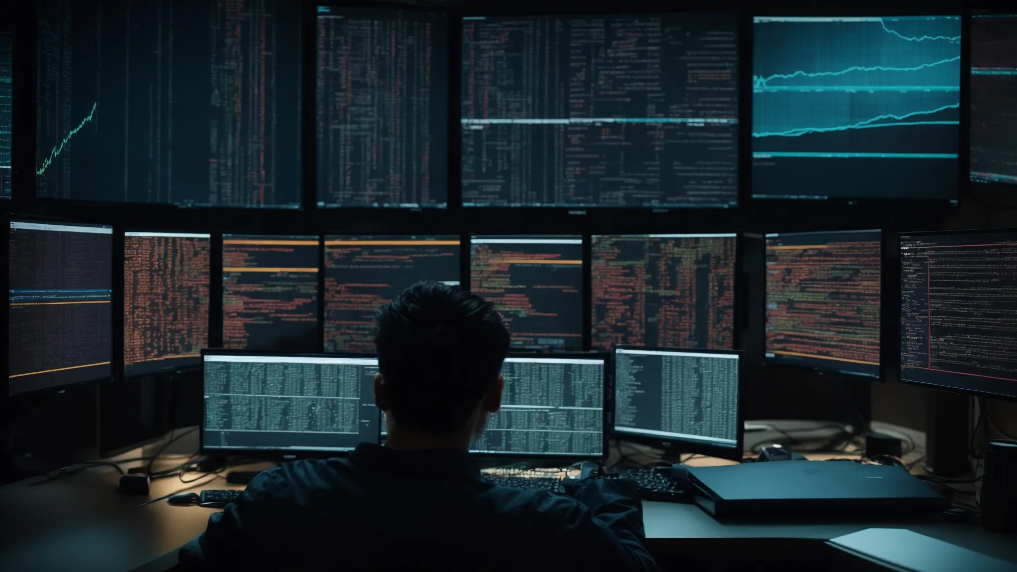 a programmer amid multiple screens displaying complex code and data visualizations.