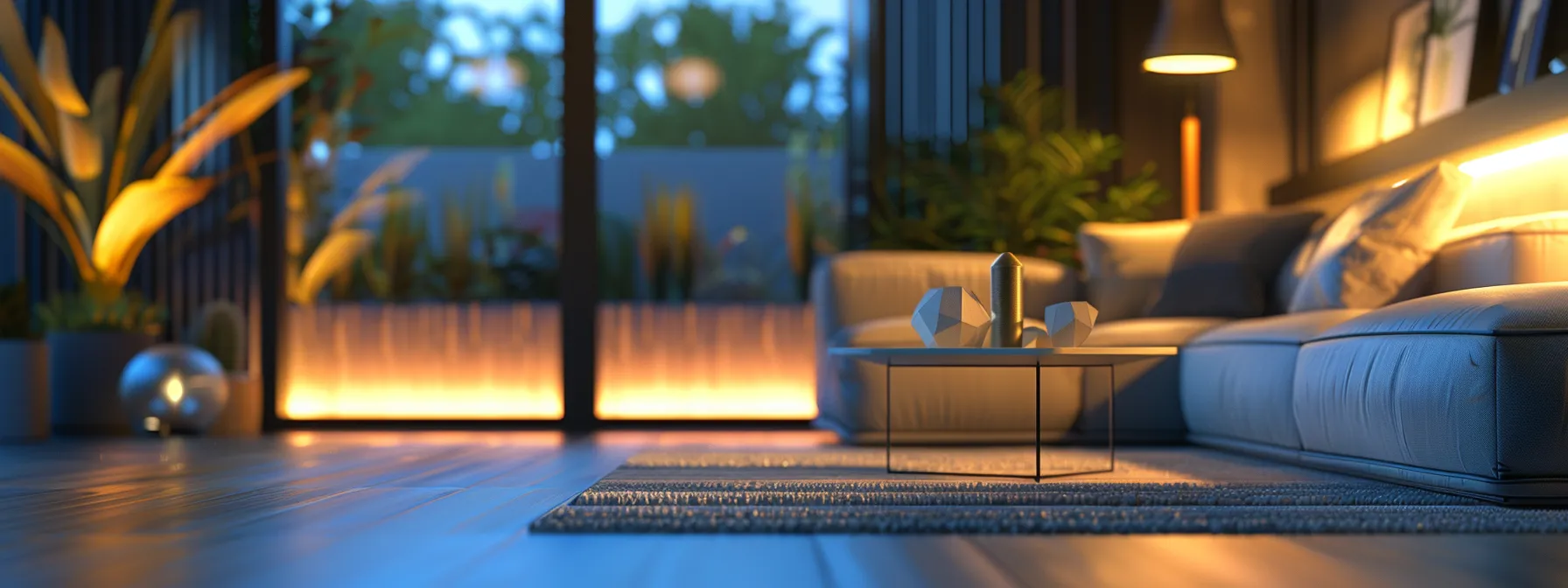 a modern living room with sleek, smart furniture and vibrant smart lighting creating a cozy and ambiance-filled environment.