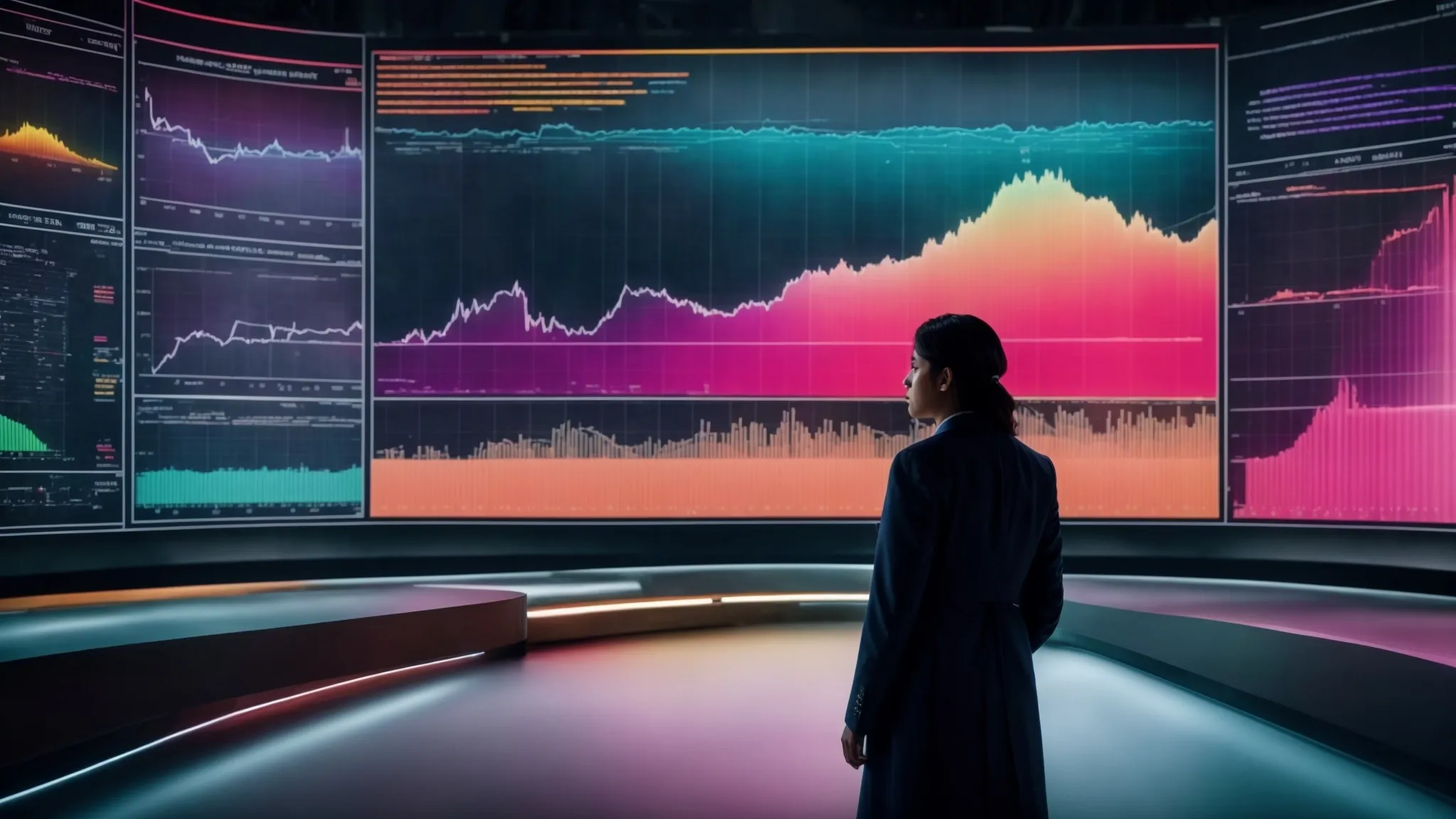 a person standing in front of a large, interactive digital screen displaying various colorful charts and graphs, analyzing data trends.