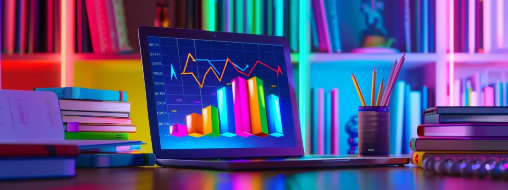 a laptop screen displaying a bar graph showing a significant increase in website traffic, surrounded by open books filled with colorful keywords and data charts.