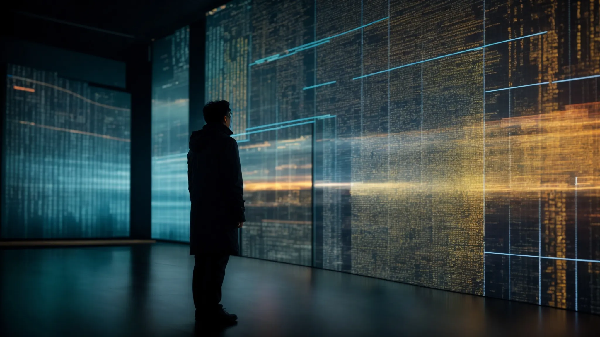 a person scrutinizes a large, glowing digital screen filled with complex data visualizations, revealing patterns and gaps in the information.