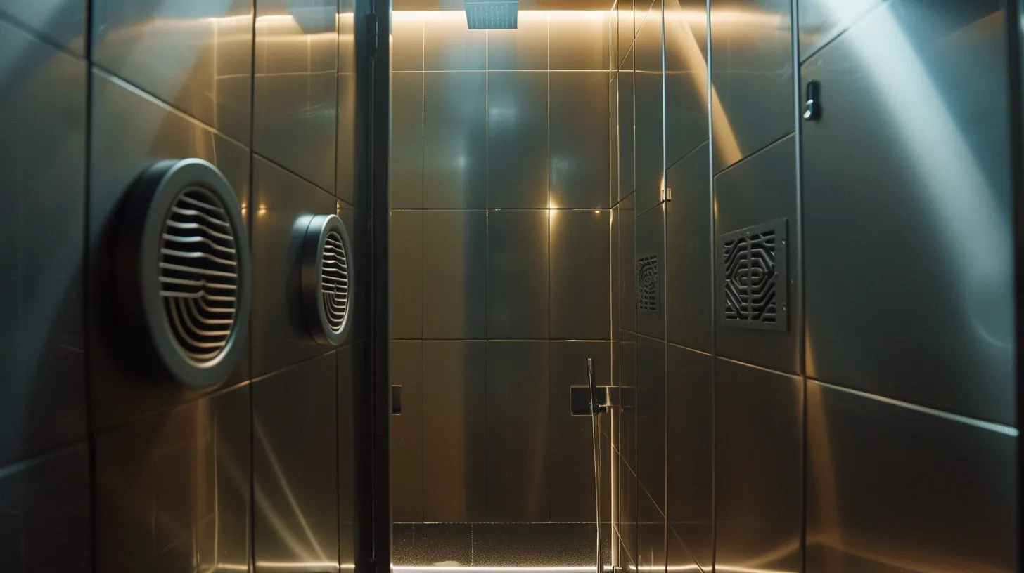 a sleek, modern bathroom showcases innovative inline ventilation fans and stylish remote ac vents, illuminated by soft, ambient lighting that highlights their unique designs and emphasizes the importance of effective humidity control.