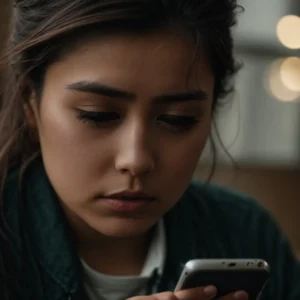 a person intently scrutinizes their smartphone screen with an expression of concern.