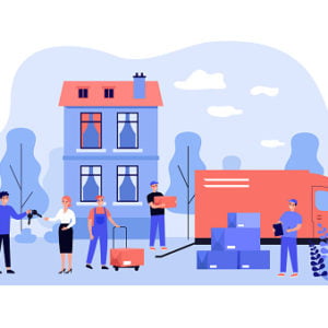 a group of people standing around a house