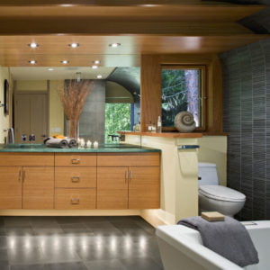 a bathroom with a large mirror