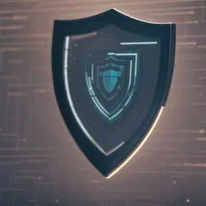 a computer screen displaying a shield symbol, symbolizing cybersecurity measures.