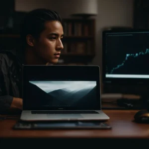 a serious person sitting in front of a computer screen with a look of concern.