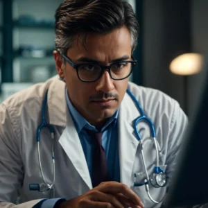 a doctor staring intently at a computer screen with a puzzled look, symbolizing concern over suspicious emails.