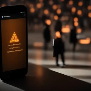a smartphone displaying a warning symbol on its screen, surrounded by shadowy figures representing threats.