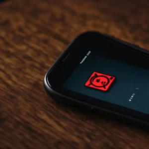 a smartphone displaying a warning symbol on its screen resting on a wooden surface.