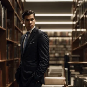 a person in a suit sits in a library, surrounded by law books, researching with a focused look on their face.