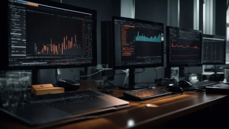 a computer screen displaying complex algorithms and data charts to analyze and detect phishing activities.