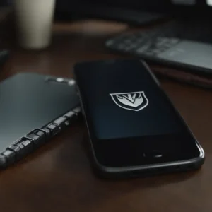 a smartphone displaying a shield icon rests on a desk beside a computer keyboard.