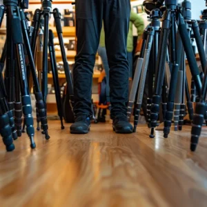 a person comparing different tripods in a photography store.