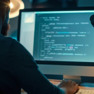 a person carefully scrutinizing an email on a computer screen for signs of phishing.