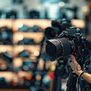 a photographer comparing different tripods in a camera store.