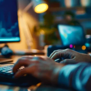 a person typing on a computer with a secure email login screen visible.