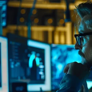 a person analyzing data on a computer screen to detect and prevent phishing attacks.