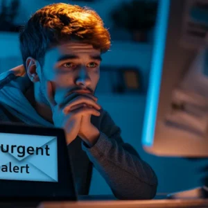 a person looking skeptically at their computer screen with an email titled "urgent alert" in their inbox.