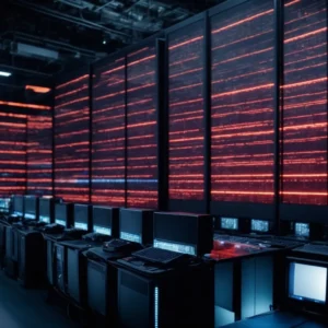 rows of computers in a data center with flashing lights processing large amounts of information.