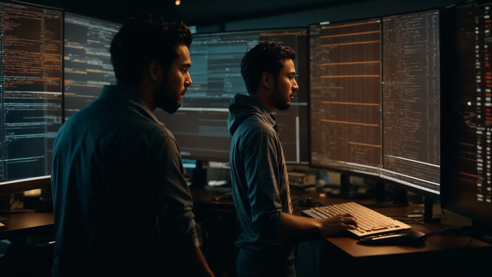 two programmers stand before a large computer screen displaying a split view, one side filled with a complex flowchart and the other with code snippets and matrix diagrams.