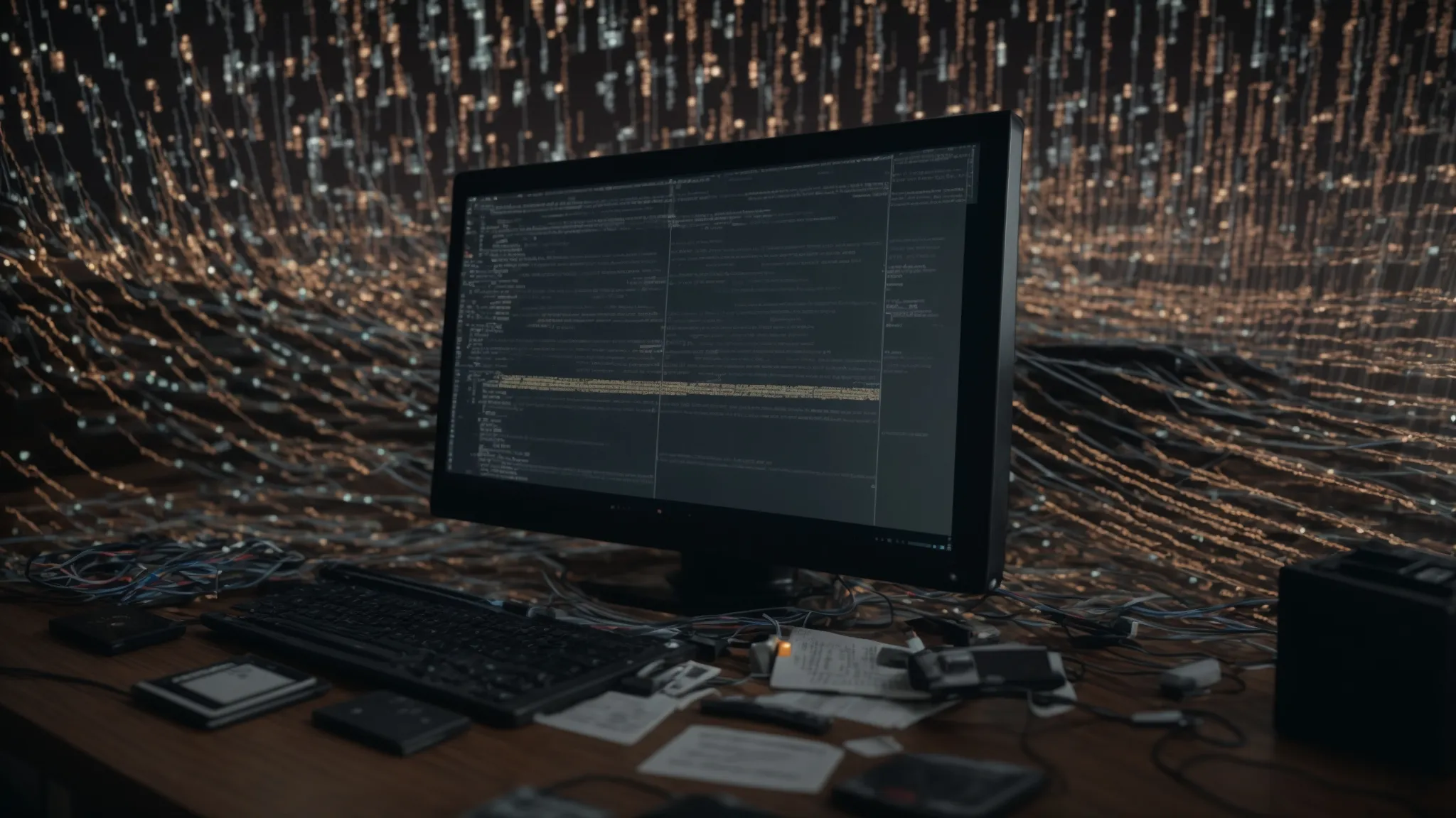 a computer screen displays lines of code involved in sorting algorithms, surrounded by scattered notes and textbooks on algorithm concepts.