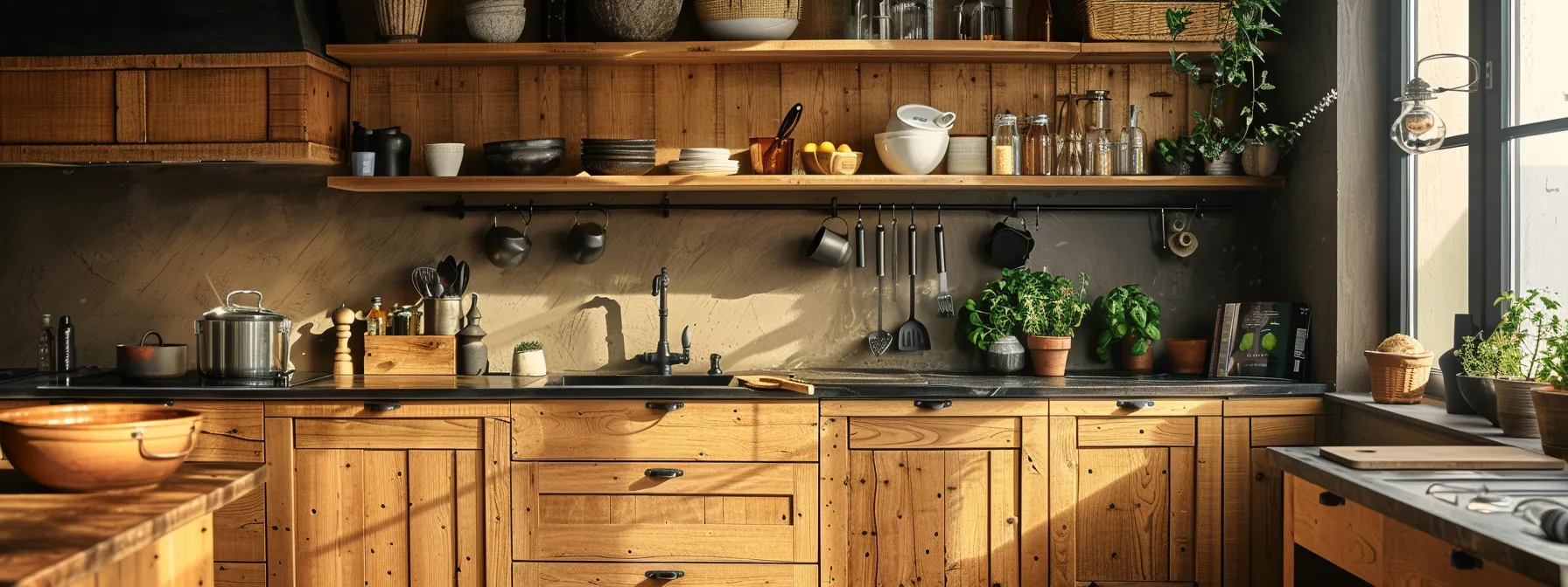 a kitchen with beautifully arranged freestanding cabinets and appliances made from sustainable materials.