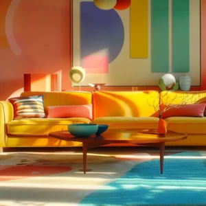 a vibrant living room with colorful accents and furnishings creating a welcoming atmosphere.