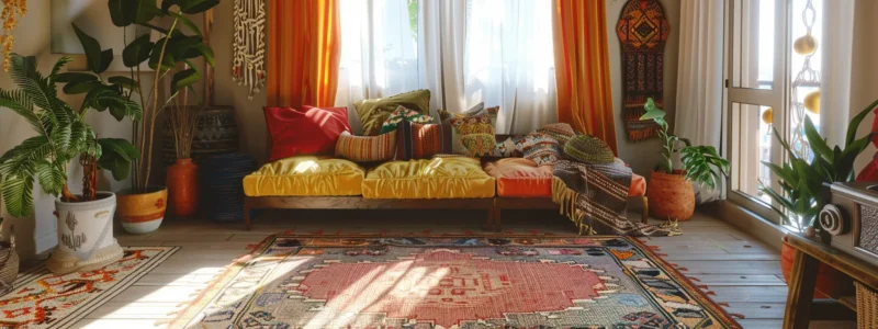 a cozy living room with patterned rugs, colorful throw pillows, and draped fabrics creating a bohemian style.