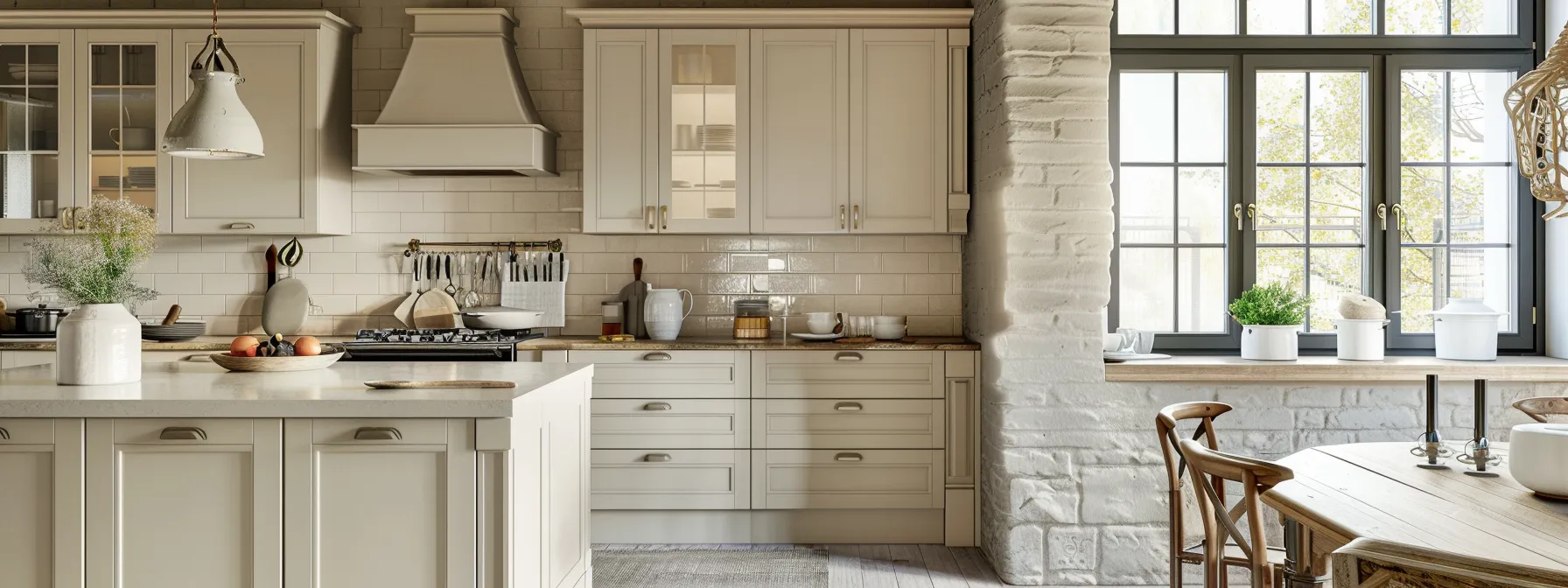 a kitchen with neutral cabinetry in soft whites, greys, and beiges, creating a timeless and inviting atmosphere.