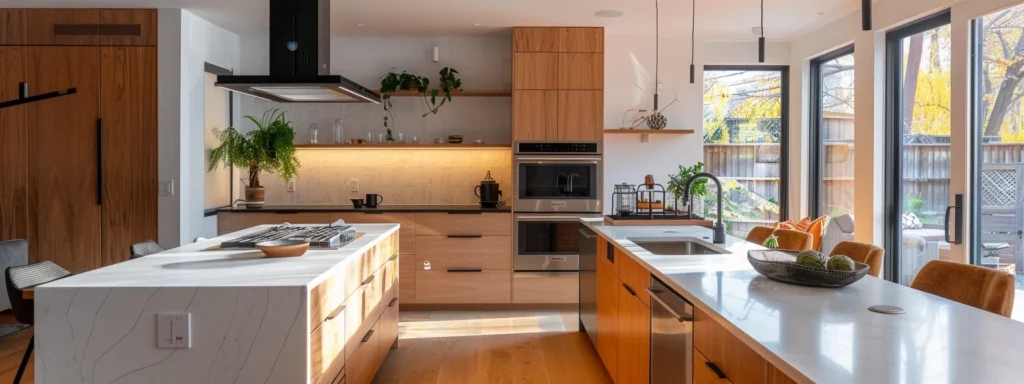 a modern kitchen with energy-efficient appliances and recycled materials.
