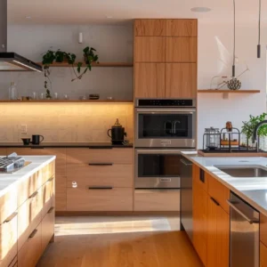 a modern kitchen with energy-efficient appliances and recycled materials.