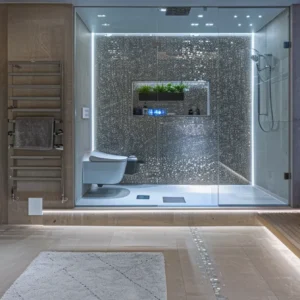 a sleek, modern bathroom with a sparkling glass shower enclosure surrounded by waterproof tile and fixtures.